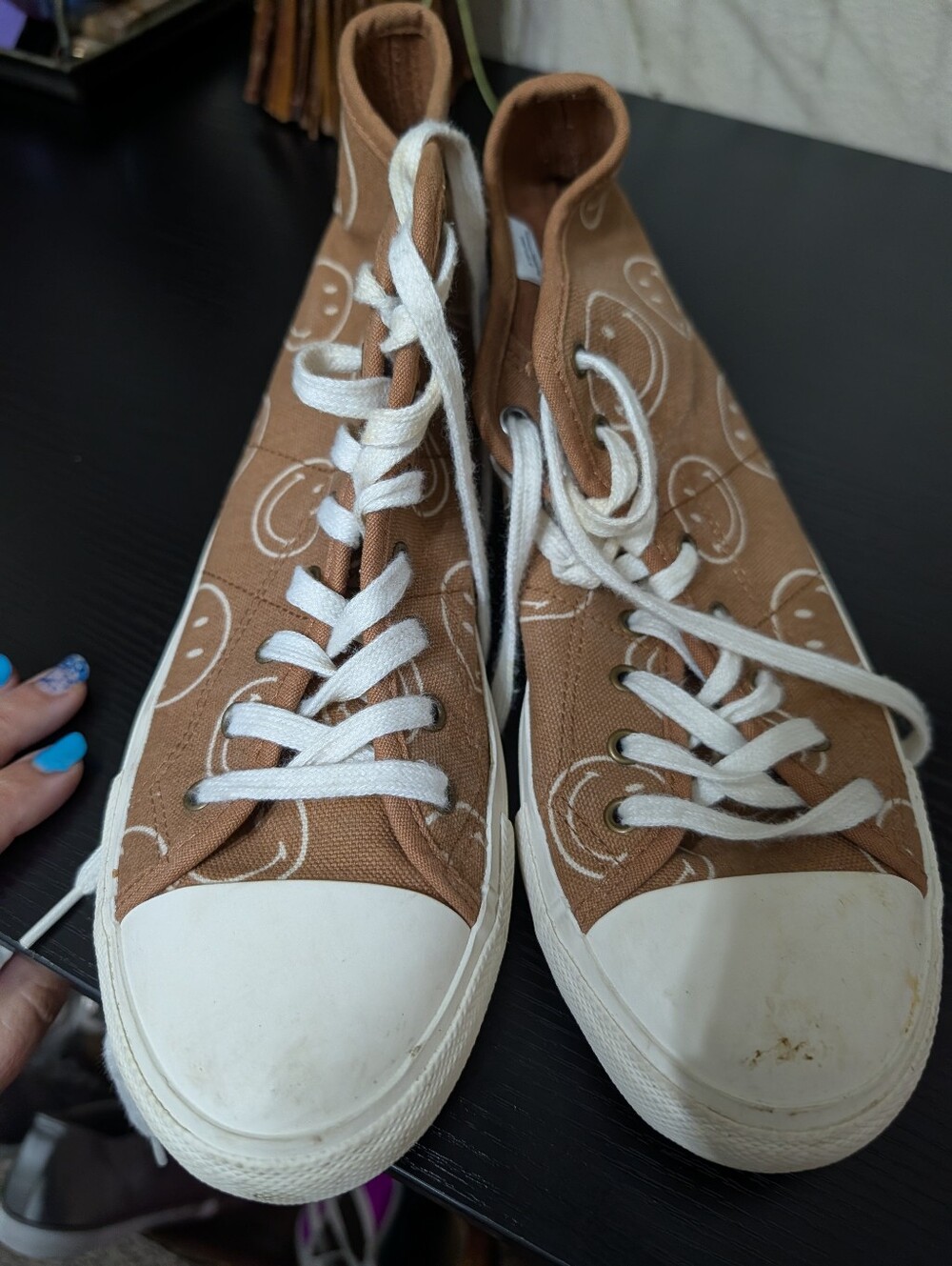 Brown Canvas High-Top Sneakers with Smiley Print
